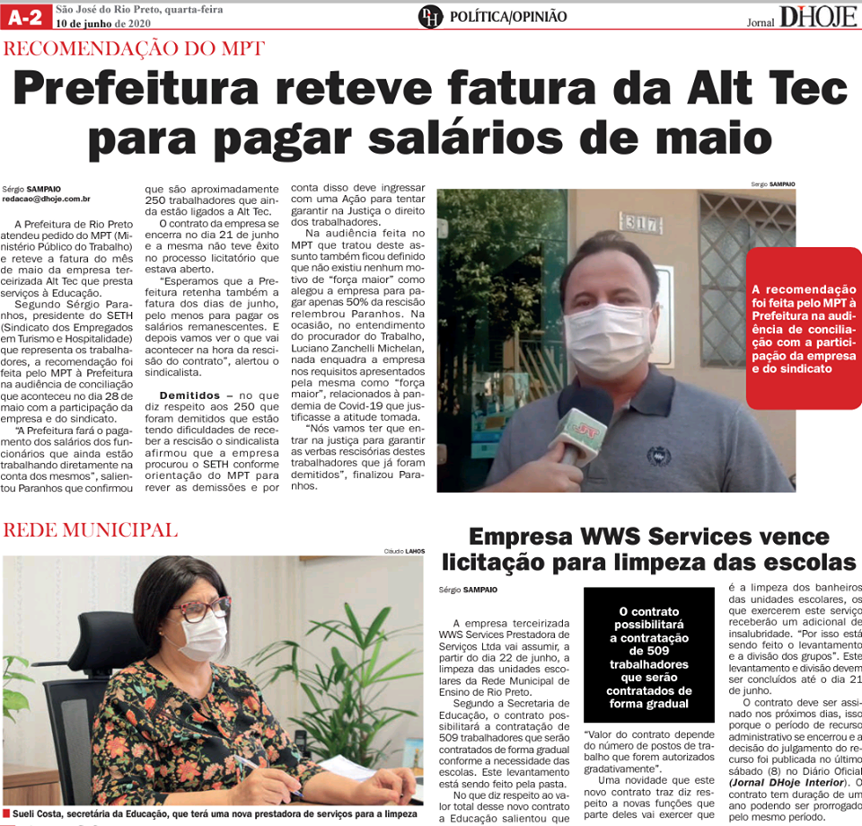 Após exigência do SETH e do MPT, Prefeitura retém nota da empresa para quitar salários