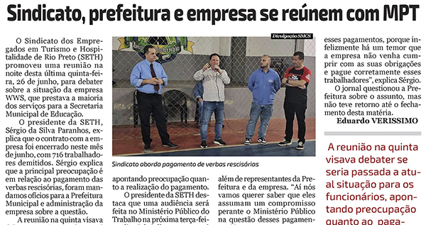 Assembleia do SETH com ex-empregados da WWS Serviços é destaque na imprensa de Rio Preto