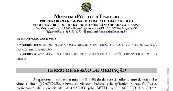 Em audiência no MPT, SETH firma acordo para pagamento das verbas rescisórias de ex-funcionários da WWS Serviços
