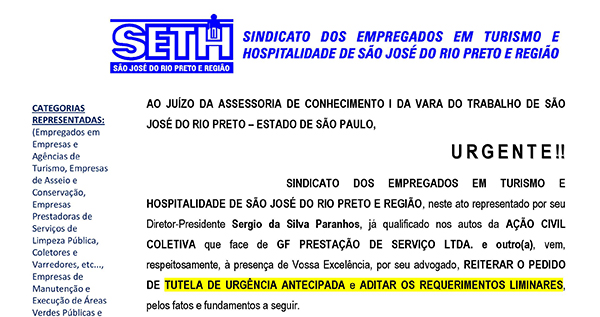 SETH pede à Justiça liberação antecipada de valores e medidas urgentes para garantir direitos de ex-trabalhadores da GF