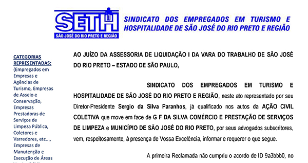 SETH pede à Justiça execução da 4ª parcela do acordo de pagamento de verbas rescisórias, após descumprimento da GF